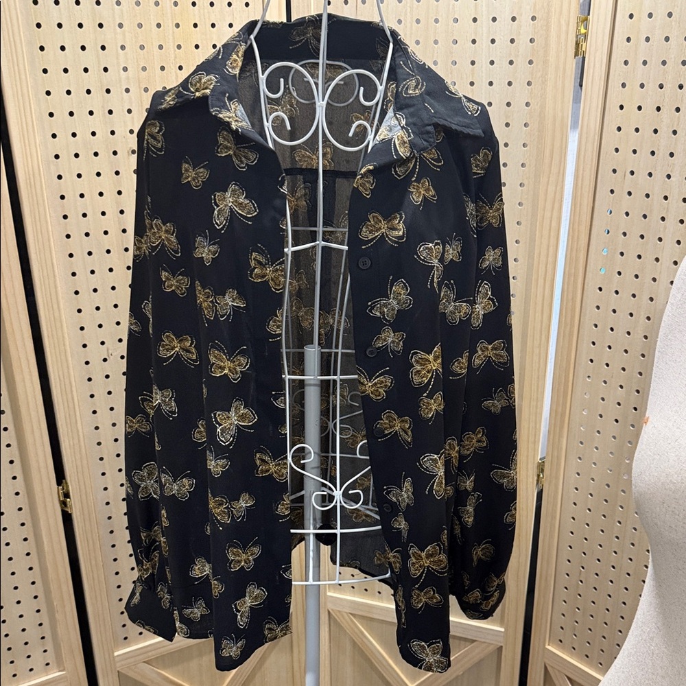 Black and Gold Butterfly Print Button Down Shirt NWOT